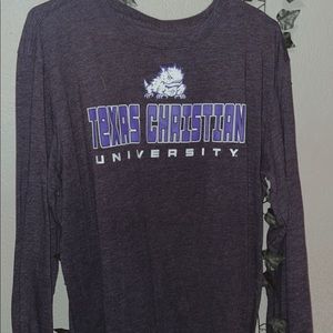 TCU brand, dark grey, with purple letters